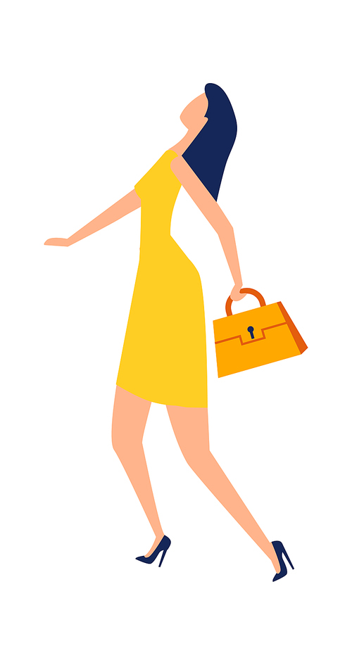 Woman in a yellow dress and with a bag in her hands hurries to work, cartoon vector illustration, flat icon