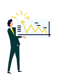 Man holding a big poster with a graph of growth, presentation of an idea, startup, cartoon vector illustration, flat icon