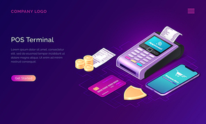 POS terminal business concept vector isometric illustration. Contactless payment security concept, point of sale payment machine, credit card and smartphone next to golden shield and coins, web banner