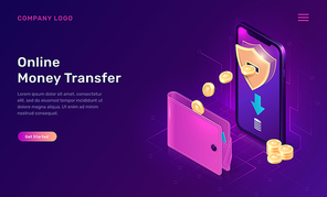 Online money transfer or cash back isometric concept vector illustration. Mobile phone with shield and gold coins flying out of its screen into wallet, ultraviolet web banner, landing web page