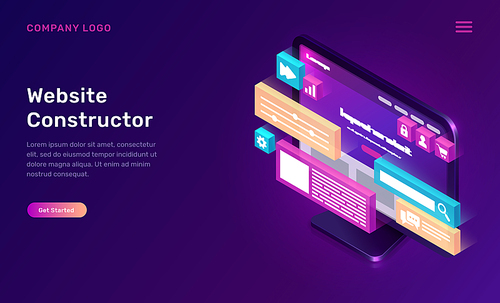 Website constructor isometric concept vector illustration. Software landing page template for creating customize website design, interface, computer monitor with 3D icons on ultraviolet background