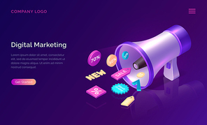 Digital marketing, isometric concept vector illustration. Big megaphone or loudspeaker and 3D sale and discount promo icons, landing web page of advertising agency to increase sales Ultraviolet banner