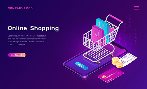 Online shopping, isometric concept vector illustration. Smartphone screen with buy button, shopping cart with bags, credit card and paper check isolated on ultraviolet, landing web page for mobile app