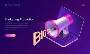 Marketing promotion, isometric concept vector illustration. Big megaphone or loudspeaker with words Big sales flying out and open laptop, landing web page of advertising agency. Ultraviolet banner