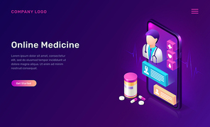 Online medicine isometric concept vector illustration. Distance or telemedicine app for mobile phones. Smartphone screen with doctor figure, chat messages and pills and tablets on purple background