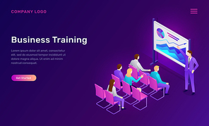 Business training isometric concept vector illustration. Corporate seminar, conference or staff training, speaker gives presentation near board with graphs, employees sit on chairs in auditorium