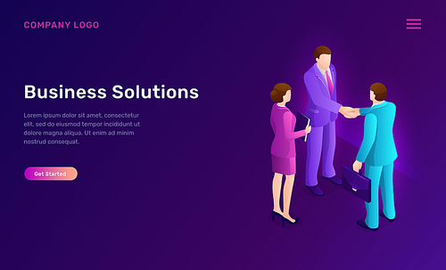 Business solution and agreement isometric concept vector illustration. Two faceless businessmen shake hands, successful deal conclusion, partnership and cooperation banner, recruiting agency web page