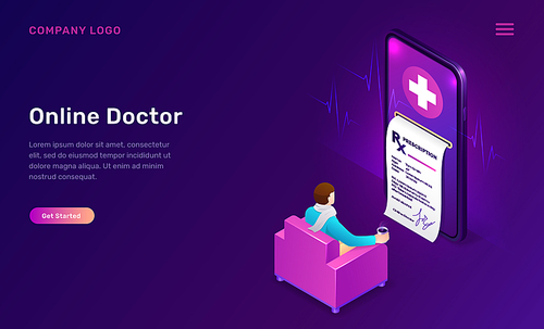 Online doctor, medicine isometric concept vector illustration. Distance telemedicine app for mobile phones. Smartphone screen with paper recipe and Illness patient sitting in home chair, purple banner