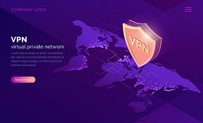 VPN, virtual private network isometric landing page. Data encryption, IP substitute, secure connection concept. Cyber security and privacy, personal info protection 3d vector illustration, web banner