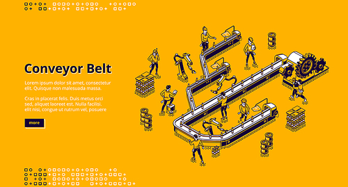 Conveyor belt at factory, plant or warehouse. Workshop production line with automated machinery. Vector landing page with isometric people and conveyor belt with drink bottles