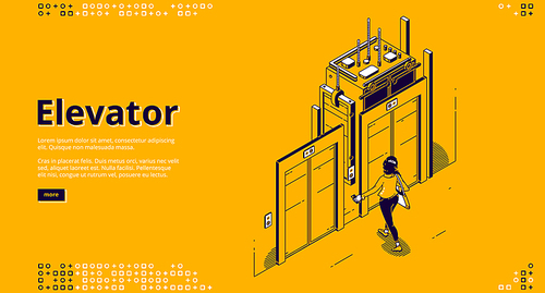 Elevator banner. Modern passenger transportation inside house or office building. Vector landing page of elevator with isometric illustration of woman waiting lift at sliding doors