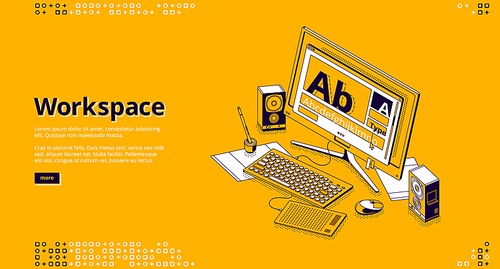 Workspace isometric landing page. Designer home office, freelancer workplace with computer monitor connected to painting tablet, digital pen and dynamics on desk , 3d vector line art web banner