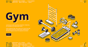 Gym isometric landing page, fitness equipment and stuff treadmill, barbell and dumbbells, empty room for workout training on yellow background, 3d vector illustration in line art style, web banner