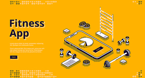 Fitness app isometric landing page. Gym equipment around huge smartphone with pie chart on screen, workout training application on yellow background, 3d vector illustration, line art style, web banner