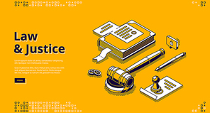 Law and justice isometric landing page. Gavel, constitution book, document with stamp, coins and pen lying on table. Punishment for crime, legal judgement, legislation 3d vector line art web banner