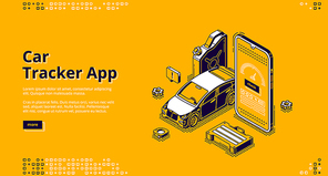 Car tracker app isometric landing page. Gps geolocation service for mobile phone. Automobile at huge smartphone with track application. Navigation and destination control 3d vector line art web banner