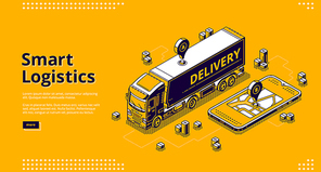 Smart logistics isometric landing page, tracking geo location service. Truck riding on route at huge smartphone with gps navigator pin on city map. Driver online app, 3d vector line art web banner