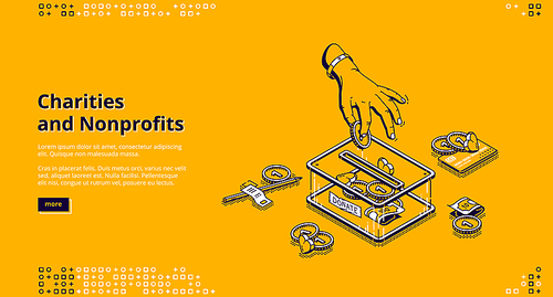 Charity, nonprofit donation isometric landing page. Hand put coins into donate money box slot. Volunteering and social help, solidarity and foundation aid, philanthropy, 3d vector line art web banner