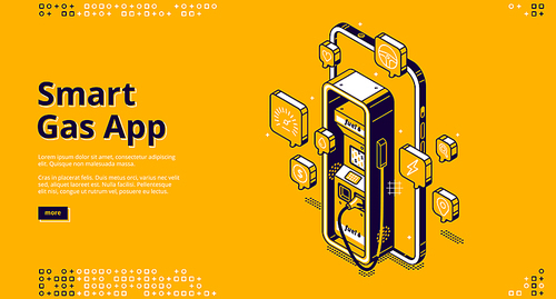Smart gas app banner. Digital service for control of fuel in car. Vector landing page of mobile phone application for refilling automotive by petrol or gas with isometric illustration of smartphone