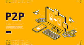 P2p isometric landing page, peer-to-peer lending, transfer money. One-rank and client server network, business concept. Laptop and money bills around on blue background, 3d vector line art web banner