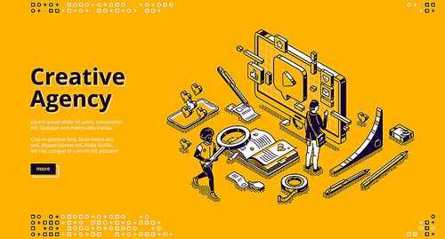 Creative agency banner. Creative strategy of digital design for promotion and advertising company in social media. Vector landing page with isometric working people, computer and smartphone