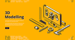 3d modelling banner. software for digital render object, development design for . vector landing page with isometric model on computer screen and measure tools on yellow