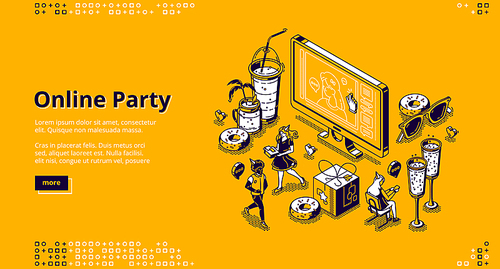Online party isometric landing page, friends celebrate virtual birthday via video call conference during covid19 quarantine. Tiny people around huge computer desktop, 3d vector line art web banner