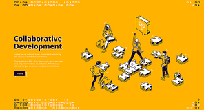 Collaborative development isometric landing page. Business people team assembling separated puzzle pieces, Leader with raised hand. Cooperation, partnership, teamwork 3d vector line art web banner