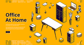 Office at home isometric landing page. Workplace with computer table, Pc monitor and litter bin, working place desk for businessman, analyst, freelancer, 3d vector illustration, web banner line art