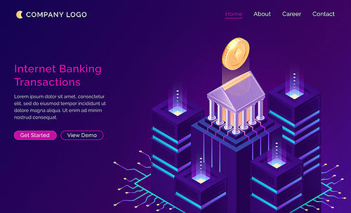 Online internet banking transaction, isometric finance concept vector. Bank building with gold coin on pedestal and traffic connections with servers or data center, finance website landing page