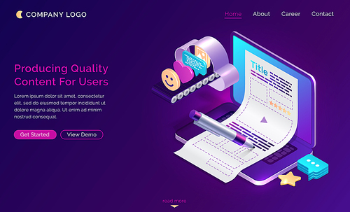 production of quality content for users, vector isometric concept. content marketing and viogging ad, open laptop, paper post layout and pen, cloud and conveyor with social icon ultraviolet background