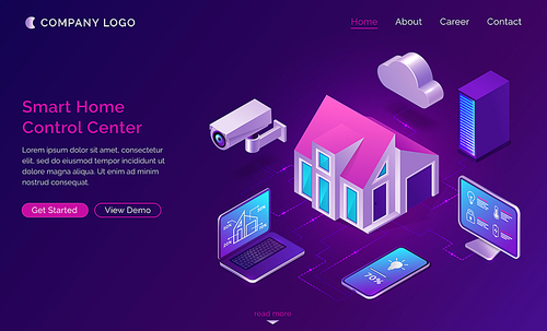 Smart home isometric, internet of things concept vector illustration. Control center with surveillance monitoring camera, computer and laptop, home and cloud icon purple banner, ultraviolet website