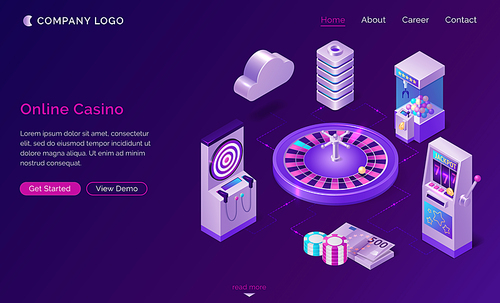 Online casino isometric landing page, roulette wheel surrounded with sloth machines, one-armed bandit, money and chips. internet gambling games cloud system service, industry, 3d vector web banner