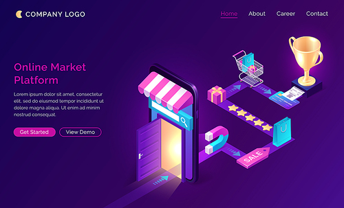 Online market platform isometric landing page, customer journey road map. Buyer shopping experience route, business marketing strategy. Stages of buying since wish to purchase. 3d vector web banner