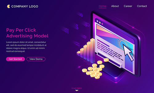 Pay per click isometric landing page, computer with cursor clicking on ad button, money falling from desktop. Ppc business, cpc advertising model, sponsored listing technology 3d vector web banner