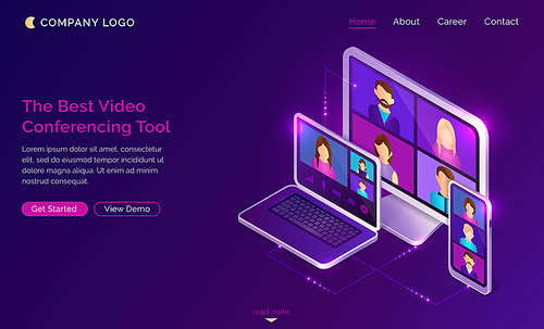 Video conference online call isometric landing page, colleagues business people team using conferencing tools for smart gadgets and webinar communication, learning or chatting, 3d vector web banner