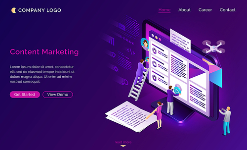 Content marketing banner. Social media advertising, seo optimization concept. Vector landing page of digital business strategy, promotion with video and text creation. Isometric writing people