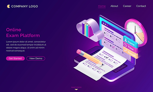 Online exam platform isometric landing page. Laptop with test or quiz questions on screen. Computer app for student examination with questionnaire form, distant education task. 3d vector web banner