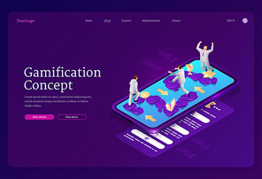 Gamification banner. Concept of game strategy in business and education process, fun online challenge for achievement success. Vector landing page of mobile app for contest or competition