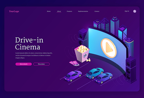 Drive-in cinema banner. Outdoor movie theater with cars on open air parking. Vector landing page of street auto cinema with isometric illustration of big screen, automobiles, popcorn and city