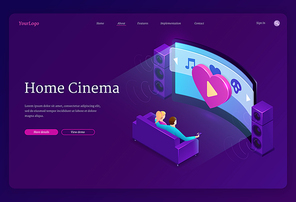 Home cinema isometric landing page. Family sitting on sofa watch huge tv with dynamics system in living room. Couple man and woman on couch front of glowing television screen, 3d vector web banner