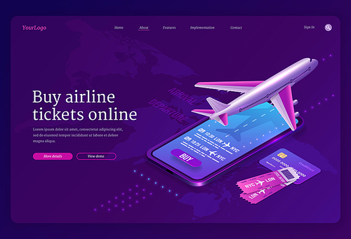 Buy airline ticket online isometric landing page with plane on runway, booking application on smartphone screen and bank card over world map. Airplane travel app for mobile phone 3d vector web banner