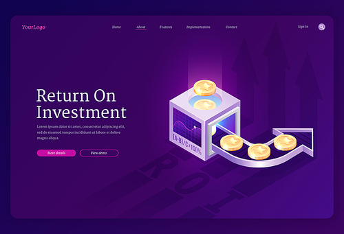 Return on investment banner. Concept of revenue growth from funds, increase financial capital. Vector landing page of ROI value report with isometric illustration of coins, arrows and graph