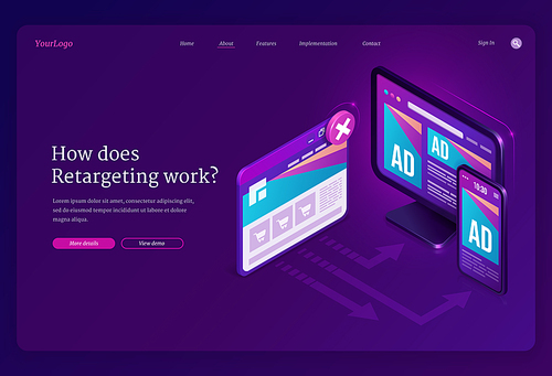 Retargeting or remarketing ad isometric landing page, advertising business methodology attract customers by creating valuable content and analysis. Digital devices with ad page, 3d vector web banner