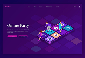 Online party isometric landing page, happy tiny people dance on huge smartphone screen. Friends virtual meeting, quarantine holidays celebration via internet, home festive event 3d vector web banner