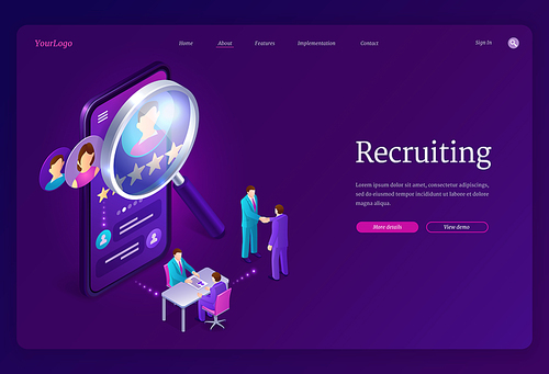 Recruiting isometric landing page. Hiring agency, human resource online service, tiny people at huge smartphone with magnifier and app for research applicant for vacant work place 3d vector web banner