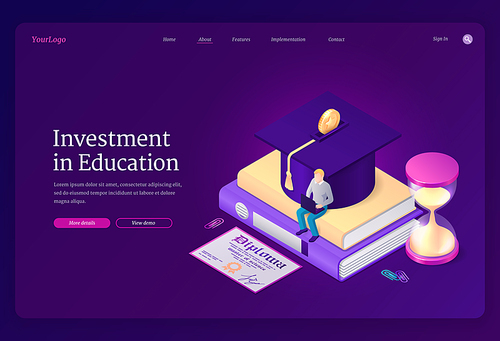 Investment in education banner. Student loan, cost of study in college or university. Vector landing page of invest in tuition with isometric books, money, graduation cap and man with laptop