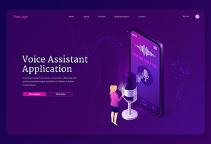 Voice assistant application isometric landing page. Speaker command recognition smart app, digital identification technologies. Tiny woman stand at huge smartphone with microphone 3d vector web banner