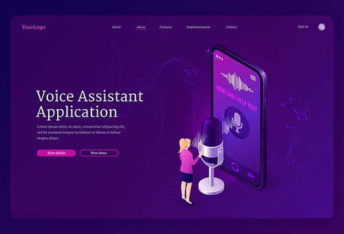 Voice assistant application isometric landing page. Speaker command recognition smart app, digital identification technologies. Tiny woman stand at huge smartphone with microphone 3d vector web banner