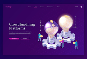 Crowdfunding platforms isometric landing page. People donate money for idea support put coins in huge glowing light bulbs. Social help, philanthropy, donation and charity concept, 3d vector web banner